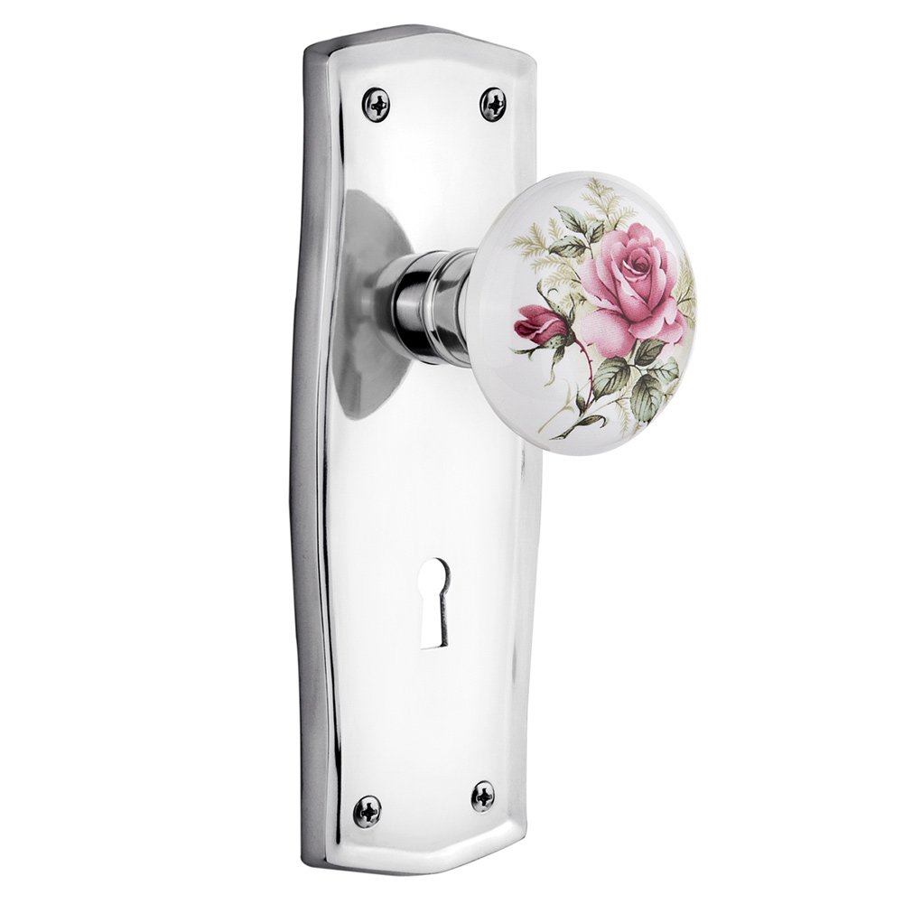Nostalgic Warehouse Privacy Prairie Plate with Keyhole and White Rose Porcelain Door Knob in Bright Chrome