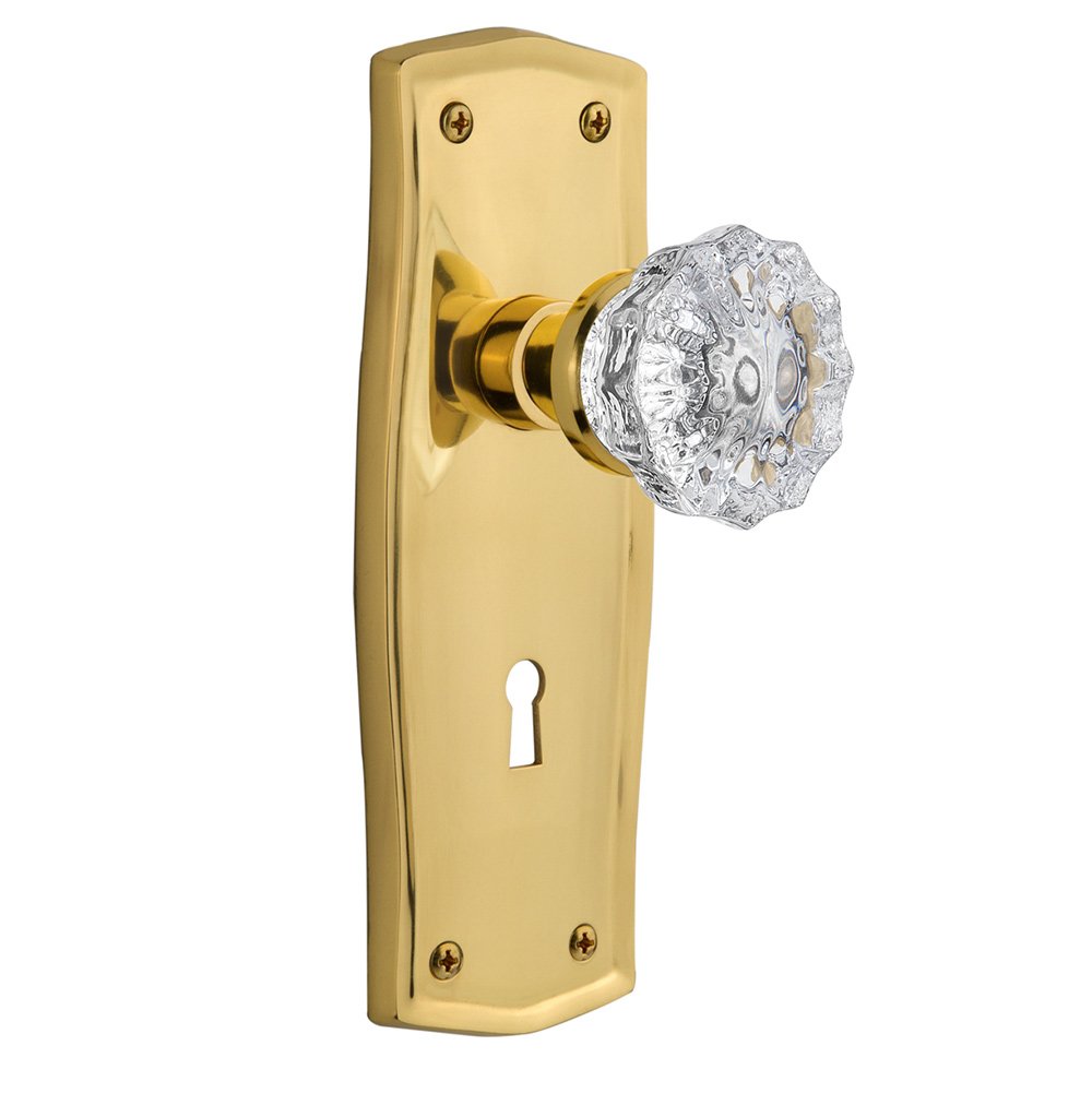 Nostalgic Warehouse Single Dummy Prairie Plate with Keyhole and Crystal Glass Door Knob in Unlacquered Brass