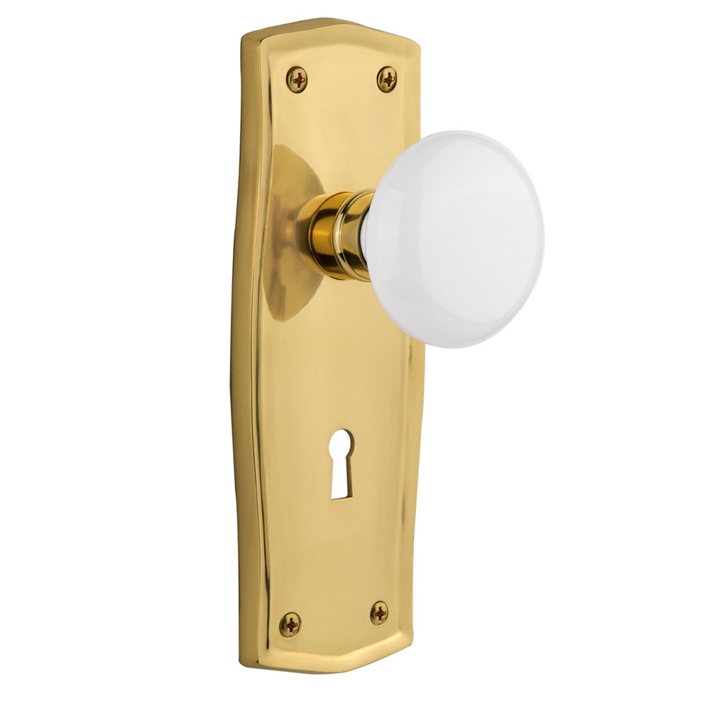 Nostalgic Warehouse Single Dummy Prairie Plate with Keyhole and White Porcelain Door Knob in Unlacquered Brass