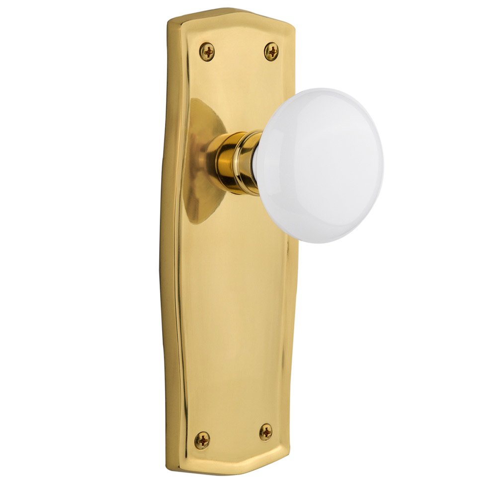 Nostalgic Warehouse Double Dummy Prairie Plate with White Porcelain Door Knob in Polished Brass