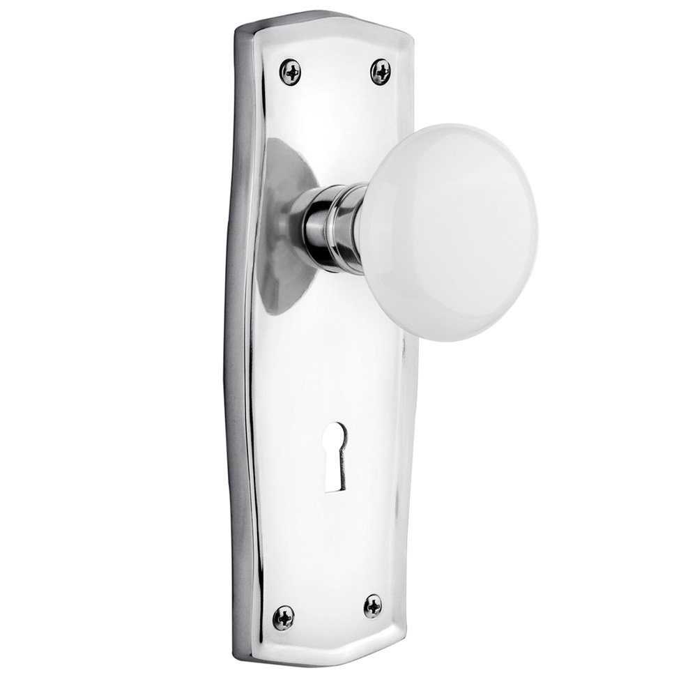 Nostalgic Warehouse Double Dummy Prairie Plate with Keyhole and White Porcelain Door Knob in Bright Chrome