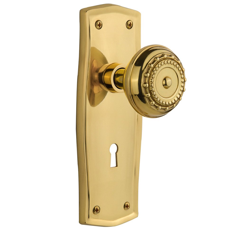 Nostalgic Warehouse Double Dummy Prairie Plate with Keyhole and Meadows Door Knob in Polished Brass