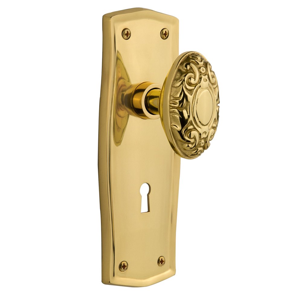 Nostalgic Warehouse Single Dummy Prairie Plate with Keyhole and Victorian Door Knob in Polished Brass