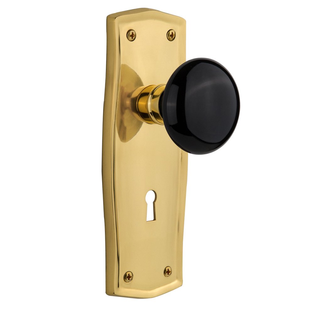 Nostalgic Warehouse Single Dummy Prairie Plate with Keyhole and Black Porcelain Door Knob in Unlacquered Brass