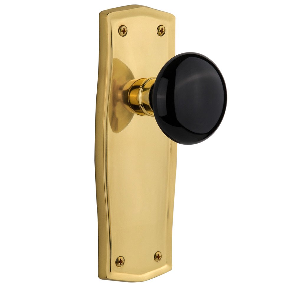 Nostalgic Warehouse Double Dummy Prairie Plate with Black Porcelain Door Knob in Polished Brass