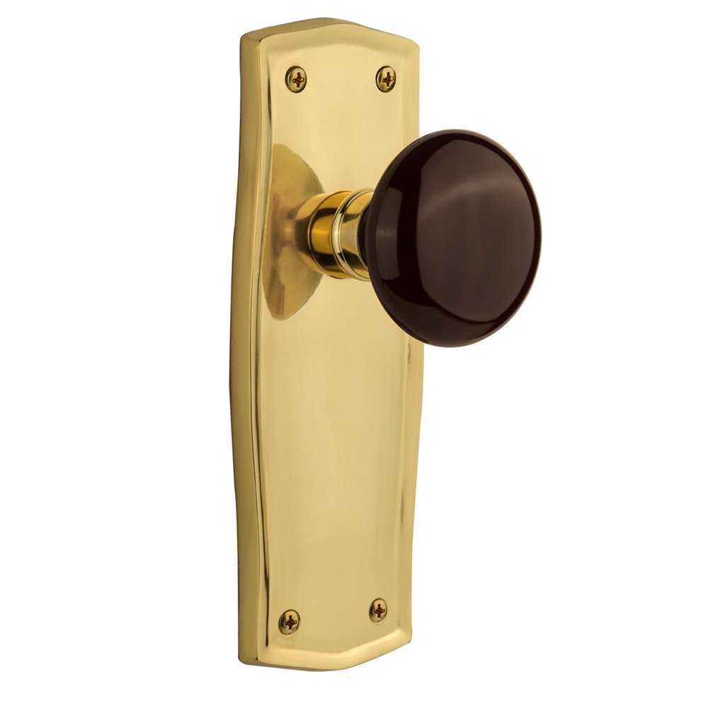 Nostalgic Warehouse Single Dummy Prairie Plate with Brown Porcelain Door Knob in Polished Brass