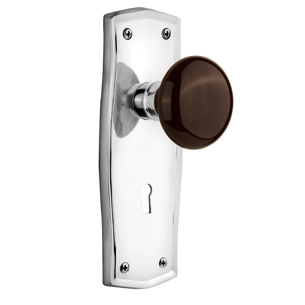 Nostalgic Warehouse Single Dummy Prairie Plate with Keyhole and Brown Porcelain Door Knob in Bright Chrome