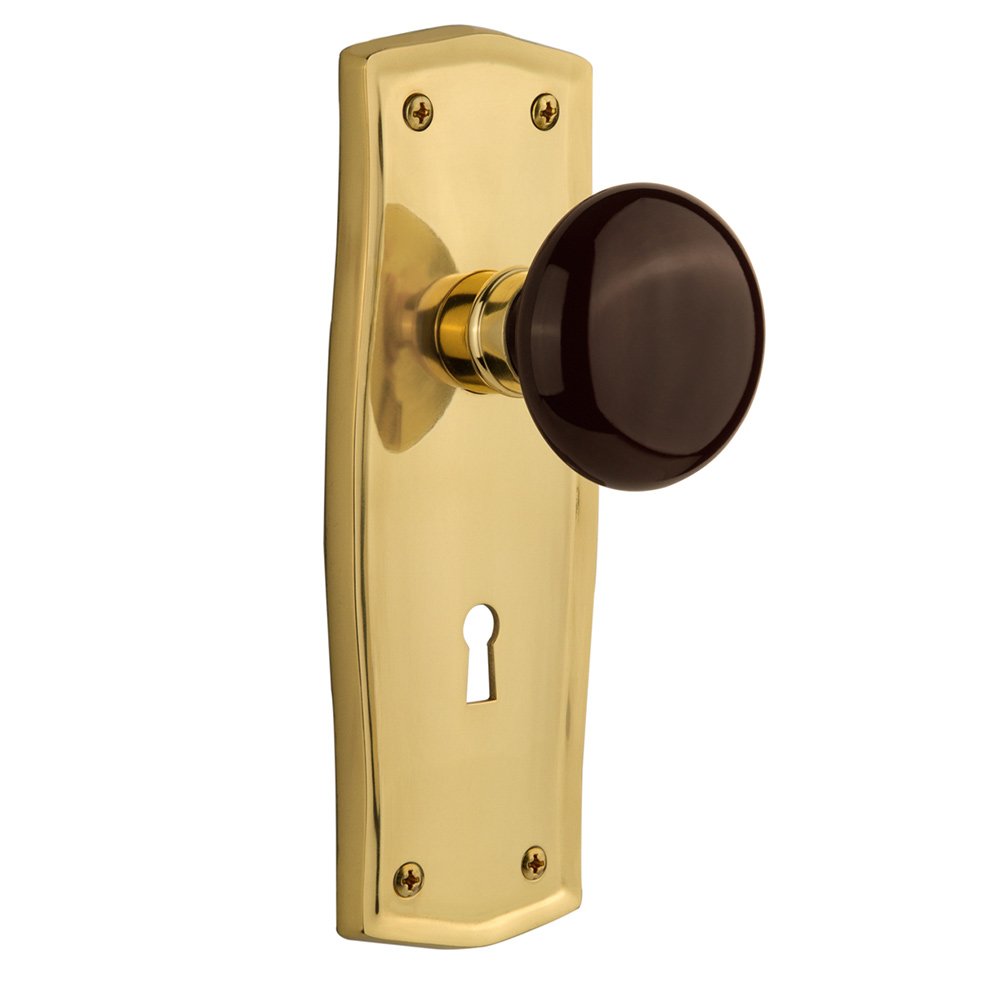 Nostalgic Warehouse Single Dummy Prairie Plate with Keyhole and Brown Porcelain Door Knob in Unlacquered Brass