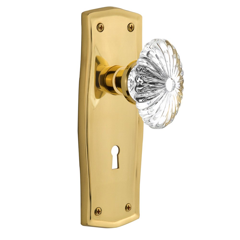 Nostalgic Warehouse Interior Mortise Prairie Plate Oval Fluted Crystal Glass Door Knob in Unlacquered Brass