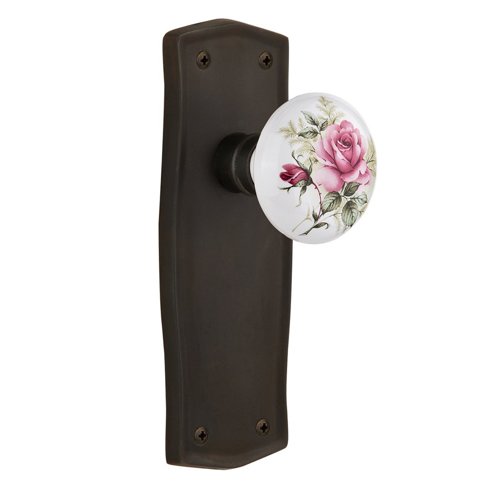 Nostalgic Warehouse Single Dummy Prairie Plate with White Rose Porcelain Door Knob in Oil-Rubbed Bronze