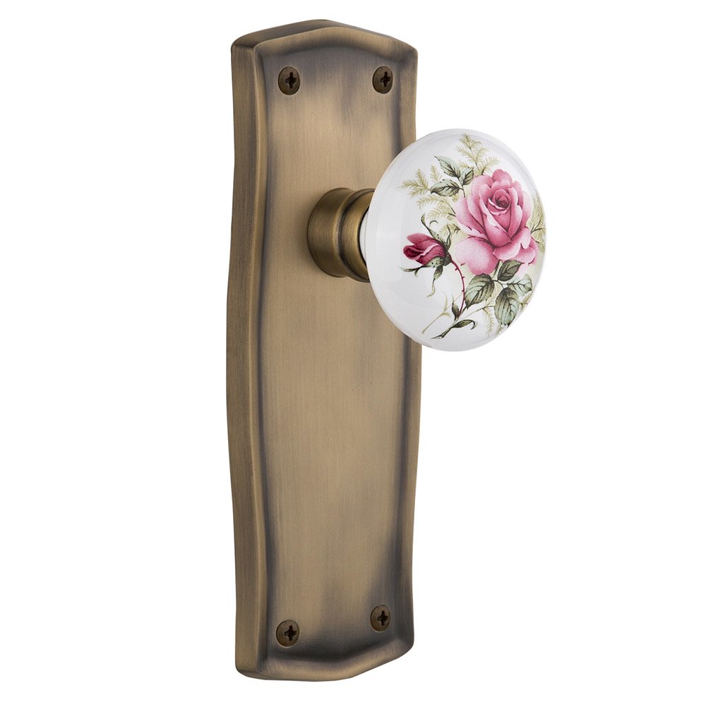 Nostalgic Warehouse Double Dummy Prairie Plate with White Rose Porcelain Door Knob in Antique Brass
