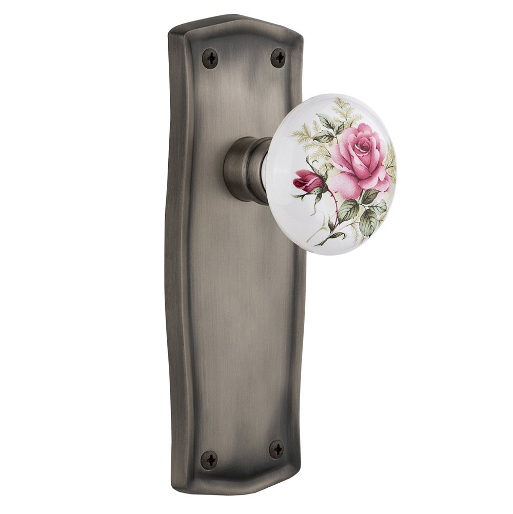 Nostalgic Warehouse Double Dummy Prairie Plate with White Rose Porcelain Door Knob in Antique Pewter