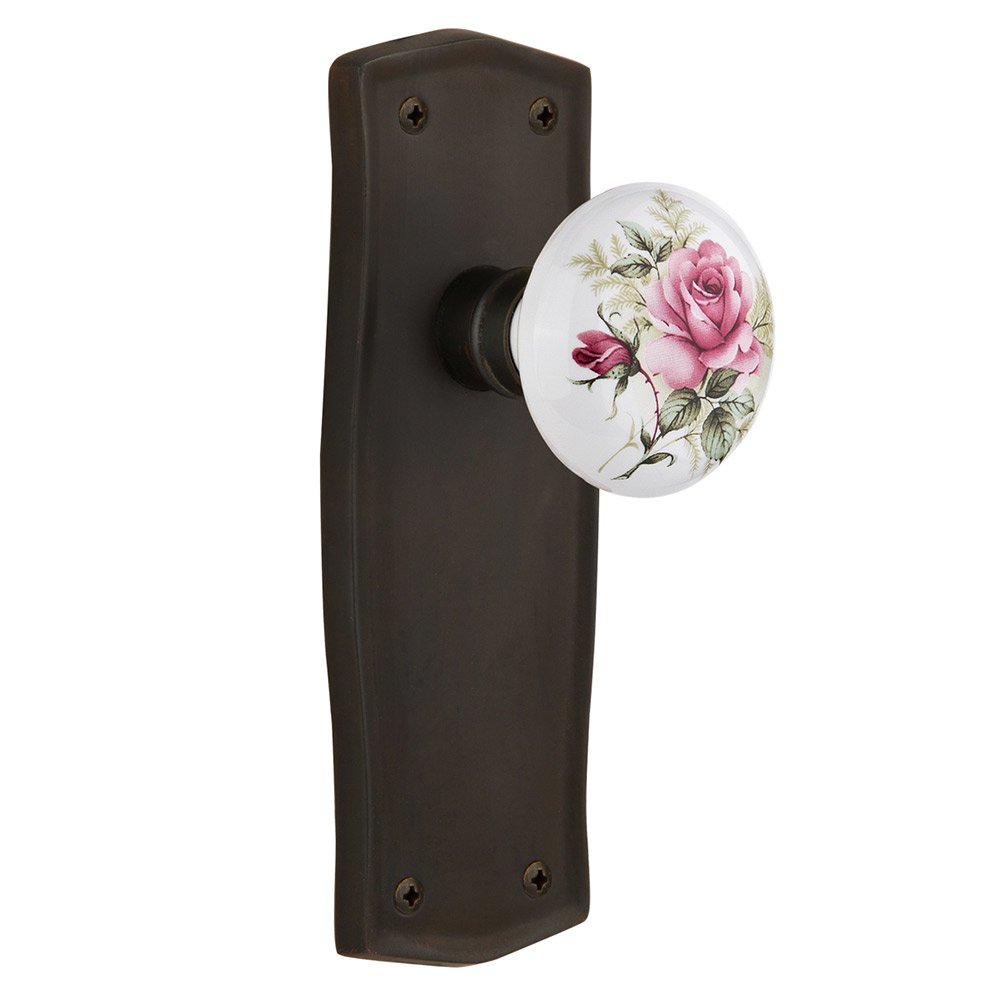 Nostalgic Warehouse Double Dummy Prairie Plate with White Rose Porcelain Door Knob in Oil-Rubbed Bronze