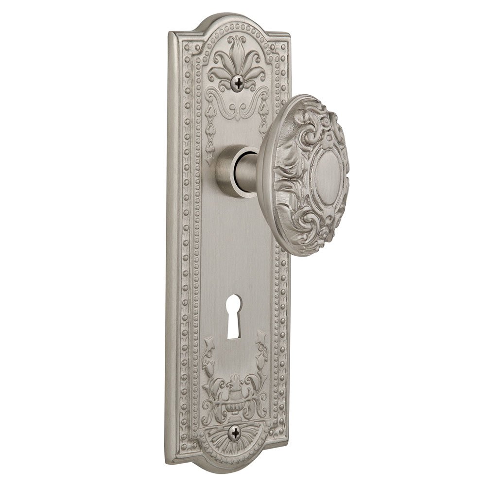 Nostalgic Warehouse Double Dummy Meadows Plate with Keyhole and Victorian Door Knob in Satin Nickel
