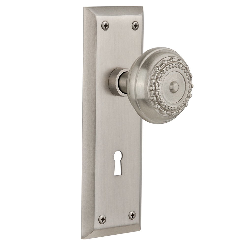 Nostalgic Warehouse Double Dummy New York Plate with Keyhole and Meadows Door Knob in Satin Nickel