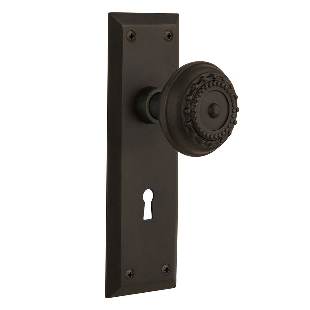 Nostalgic Warehouse Privacy New York Plate with Keyhole and Meadows Door Knob in Oil-Rubbed Bronze