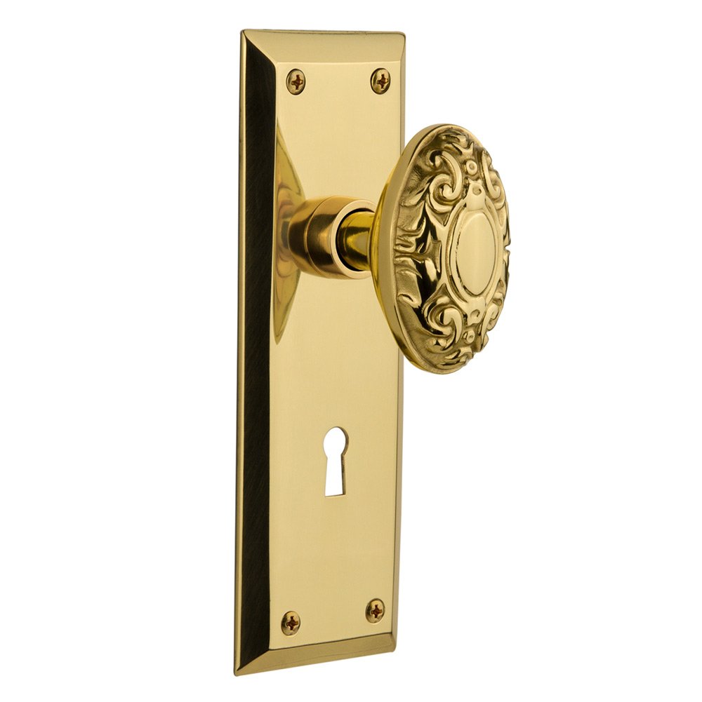 Nostalgic Warehouse Privacy New York Plate with Keyhole and Victorian Door Knob in Polished Brass