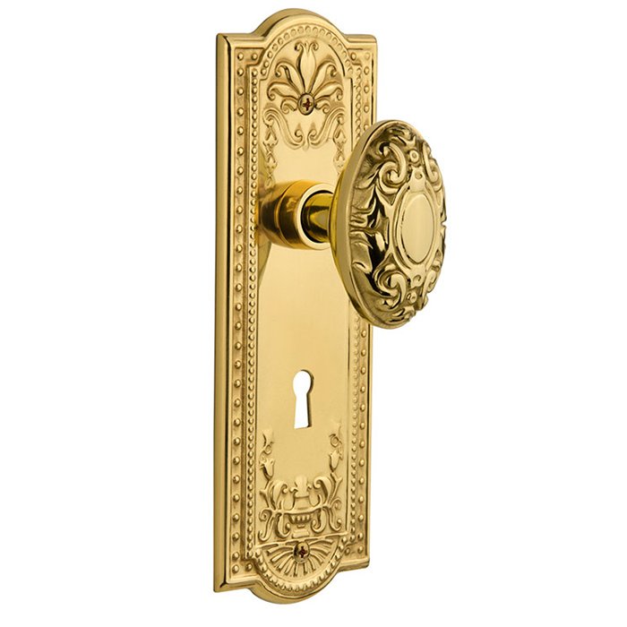 Nostalgic Warehouse Interior Mortise Meadows Plate Victorian Door Knob in Polished Brass