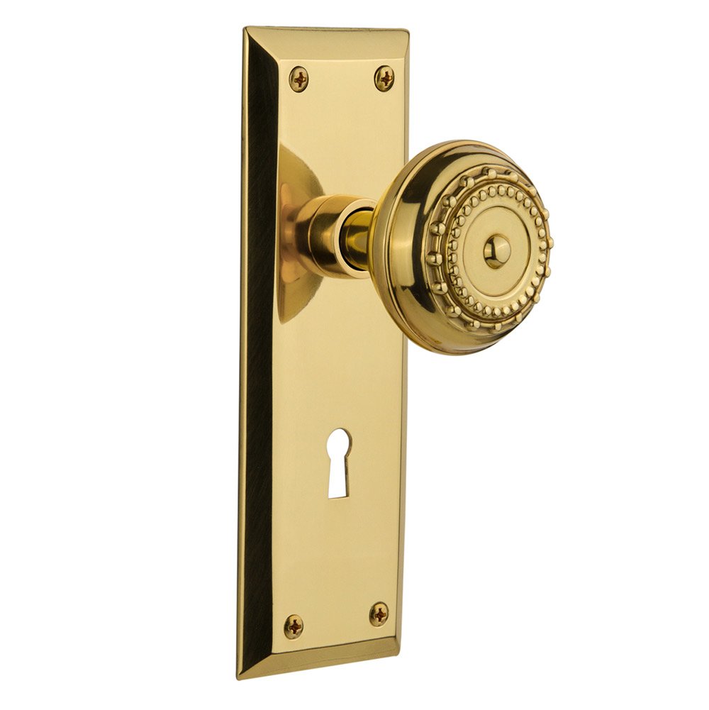 Nostalgic Warehouse Interior Mortise New York Plate Meadows Door Knob in Polished Brass