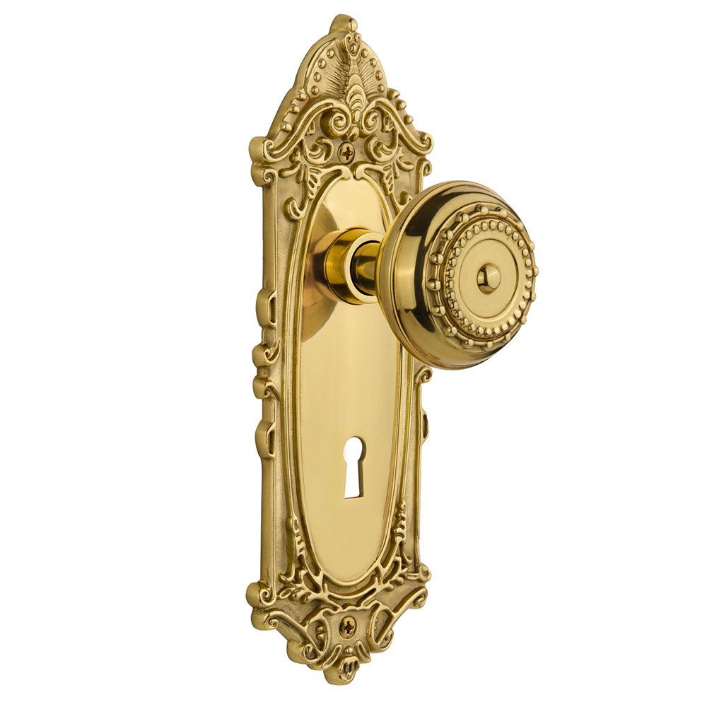 Nostalgic Warehouse Interior Mortise Victorian Plate Meadows Door Knob in Polished Brass