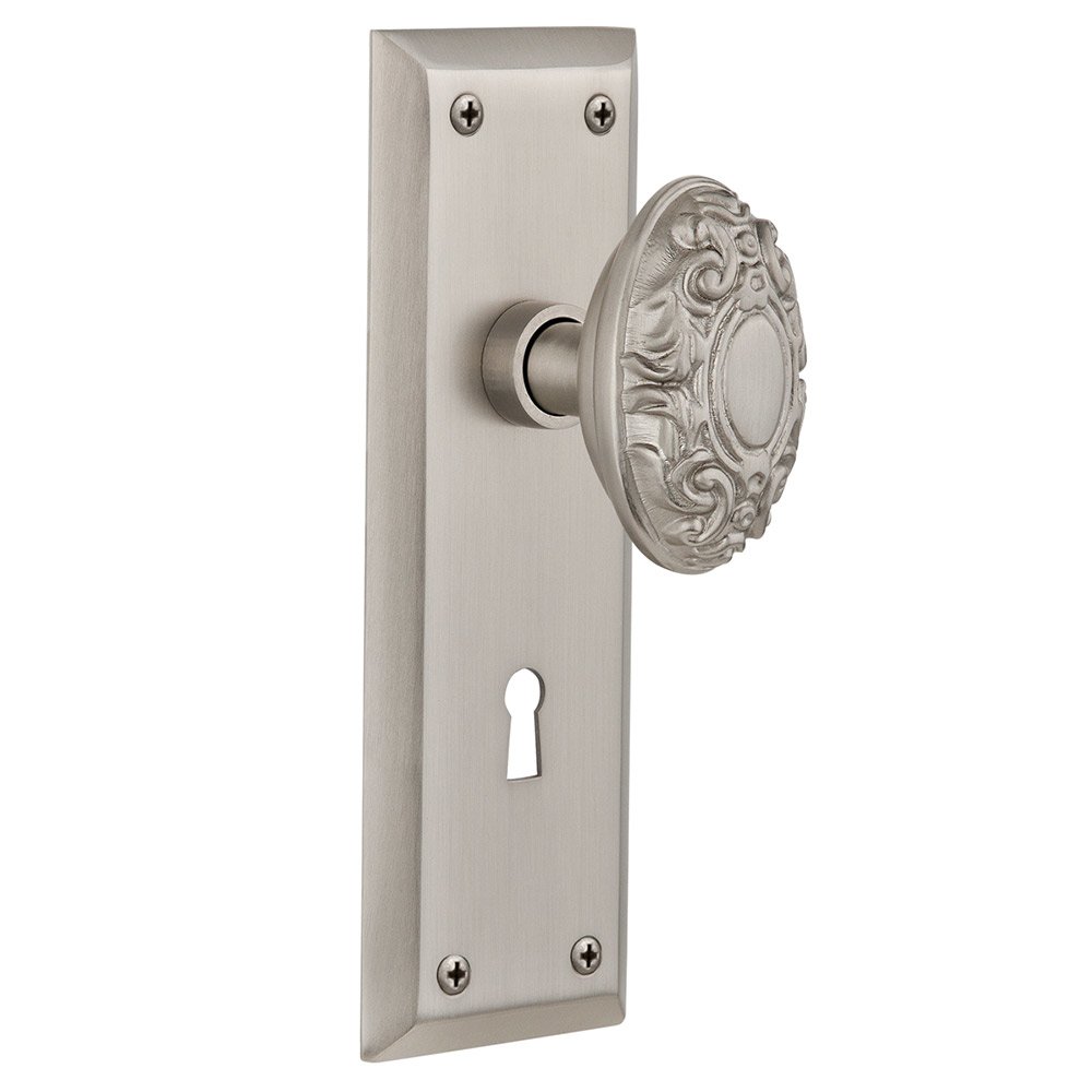 Nostalgic Warehouse Double Dummy New York Plate with Keyhole and Victorian Door Knob in Satin Nickel
