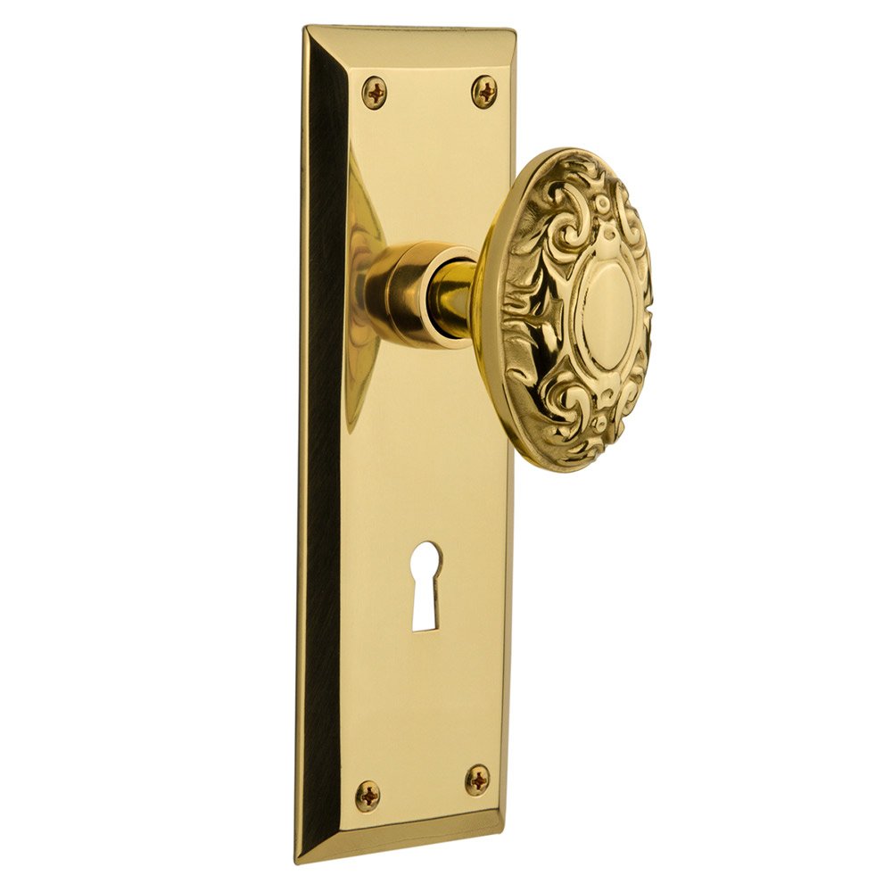 Nostalgic Warehouse Double Dummy New York Plate with Keyhole and Victorian Door Knob in Polished Brass