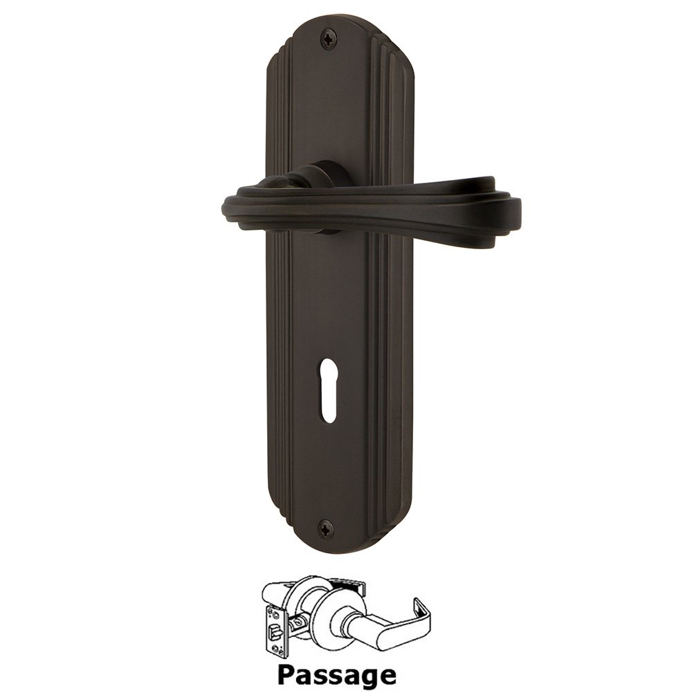Nostalgic Warehouse Deco Plate Passage with Keyhole and  Fleur Lever in Oil-Rubbed Bronze