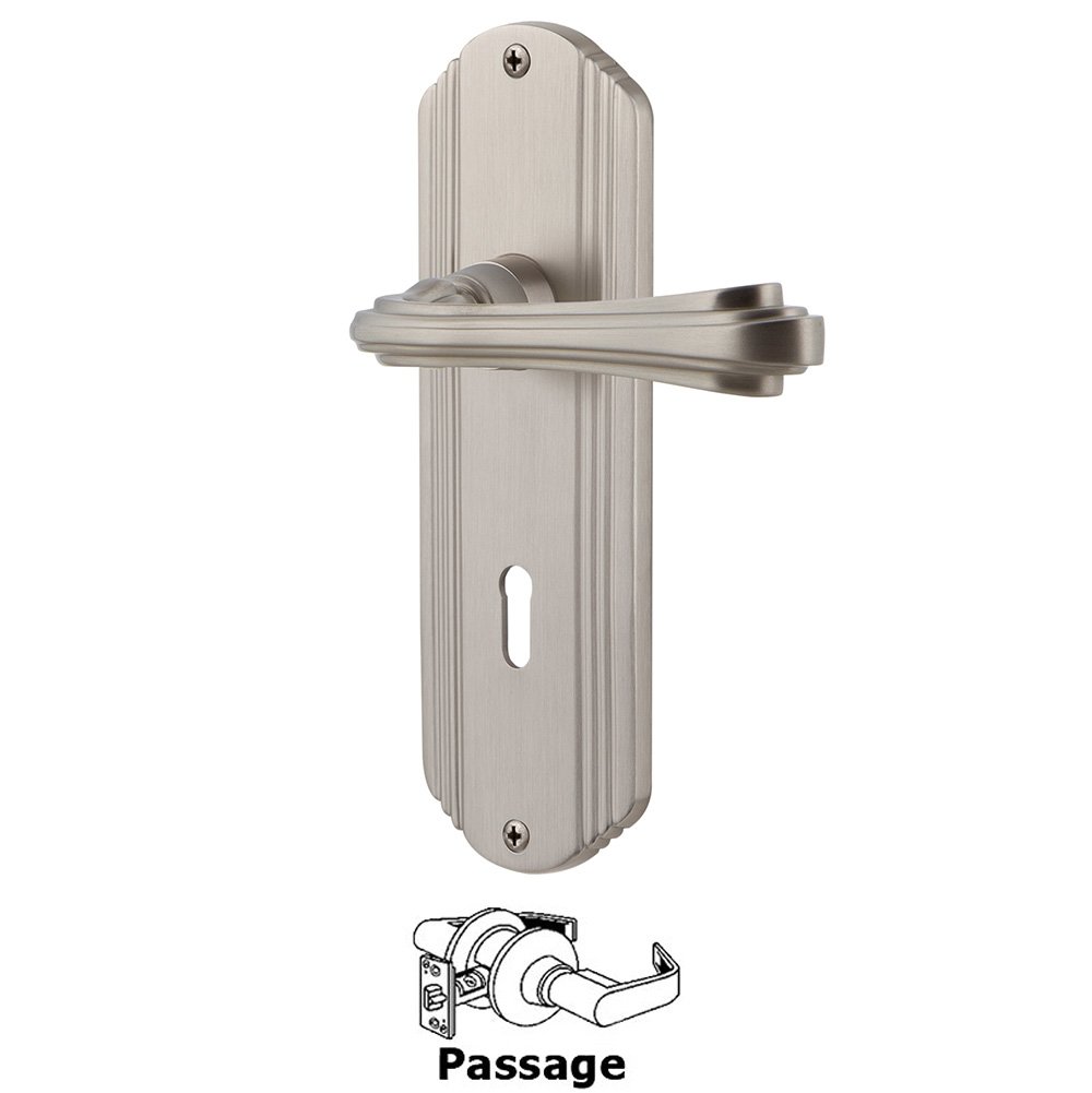 Nostalgic Warehouse Deco Plate Passage with Keyhole and  Fleur Lever in Satin Nickel