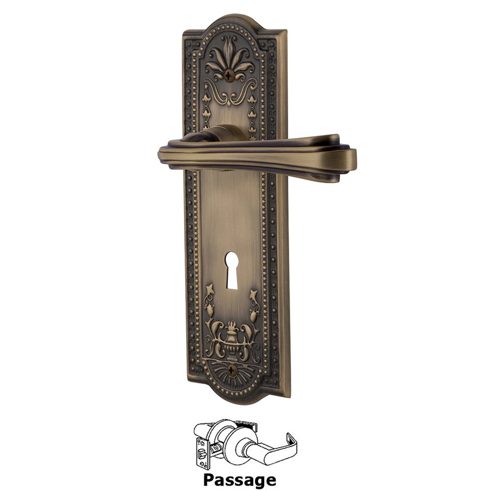Nostalgic Warehouse Meadows Plate Passage with Keyhole and  Fleur Lever in Antique Brass