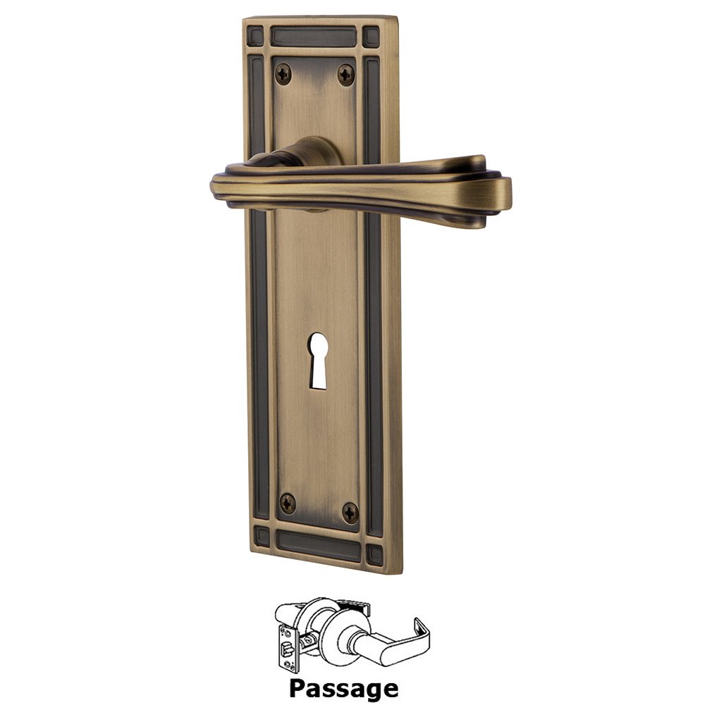 Nostalgic Warehouse Mission Plate Passage with Keyhole and  Fleur Lever in Antique Brass
