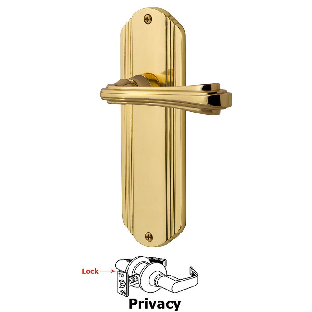 Nostalgic Warehouse Deco Plate Privacy Fleur Lever in Polished Brass