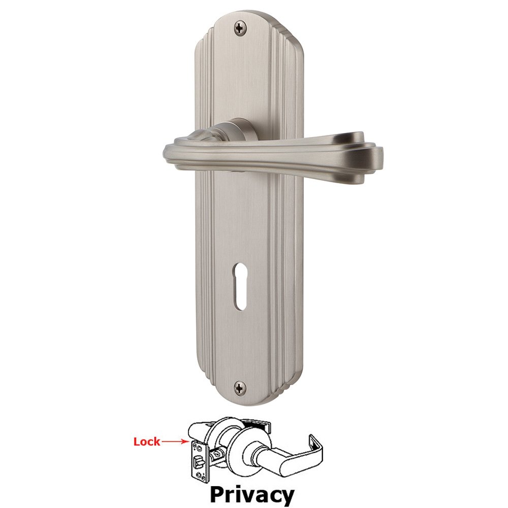 Nostalgic Warehouse Deco Plate Privacy with Keyhole and  Fleur Lever in Satin Nickel
