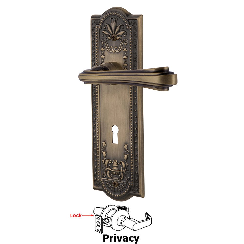 Nostalgic Warehouse Meadows Plate Privacy with Keyhole and  Fleur Lever in Antique Brass
