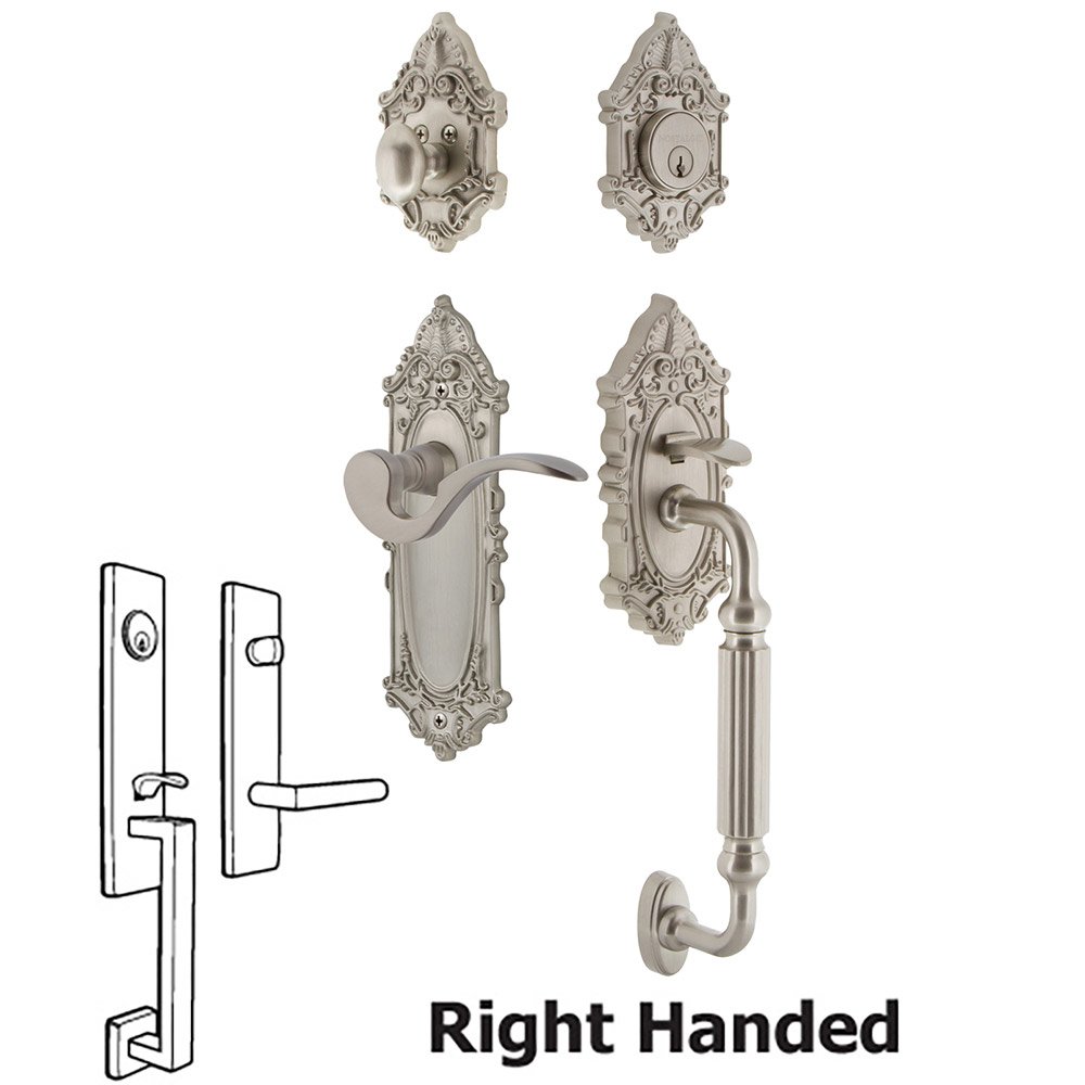 Nostalgic Warehouse Victorian Plate With F Grip And Manor Lever in Satin Nickel