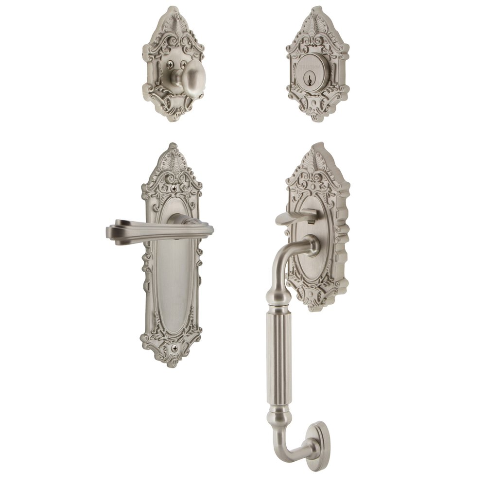 Nostalgic Warehouse Victorian Plate With F Grip And Fleur Lever in Satin Nickel