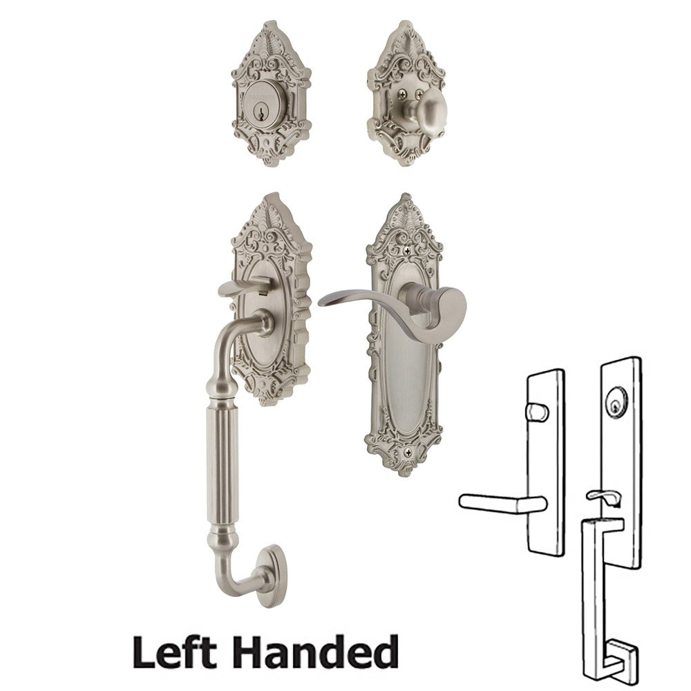 Nostalgic Warehouse Victorian Plate With F Grip And Manor Lever in Satin Nickel 