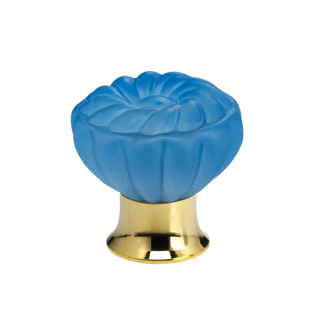 Omnia Hardware 30mm Frosted Azure Colored Glass Flower Knob with Polished Brass Base