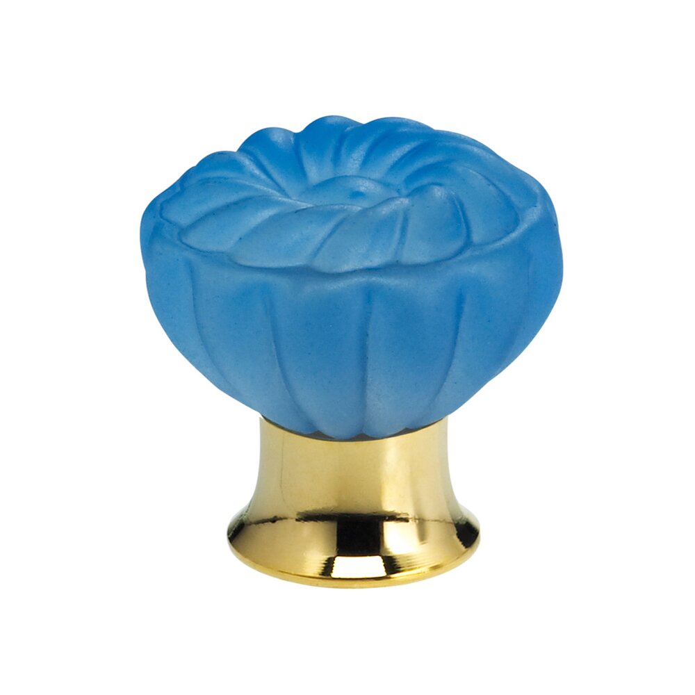 Omnia Hardware 40mm Frosted Azure Colored Glass Flower Knob with Polished Brass Base