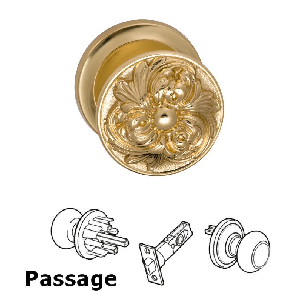 Omnia Hardware Passage Latchset Ornate Flower Knob with Radial Rosette in Polished Brass Lacquered