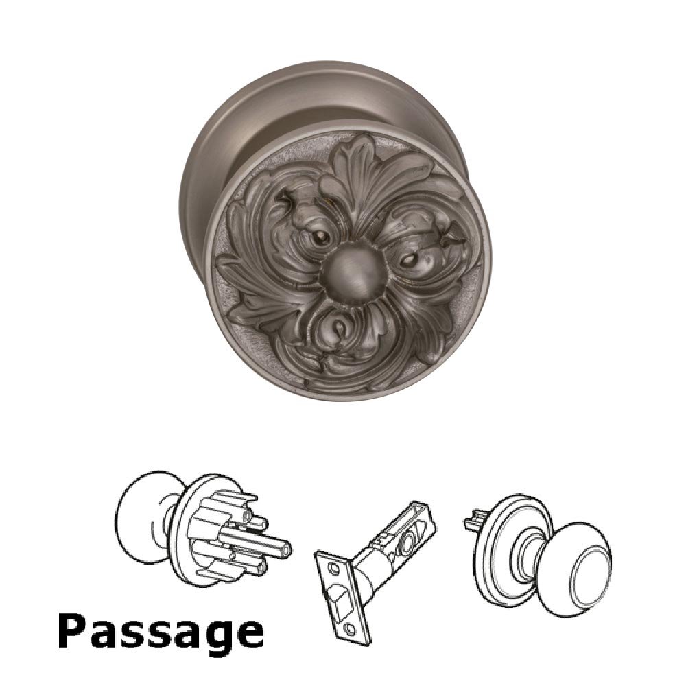 Omnia Hardware Passage Latchset Ornate Flower Knob with Radial Rosette in Satin Nickel Lacquered