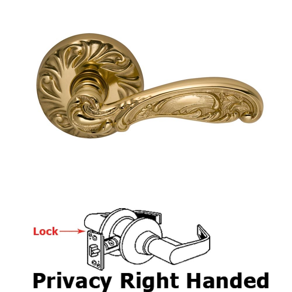 Omnia Hardware Privacy Carved Right Handed Lever with Carved Rosette in Polished Brass Lacquered