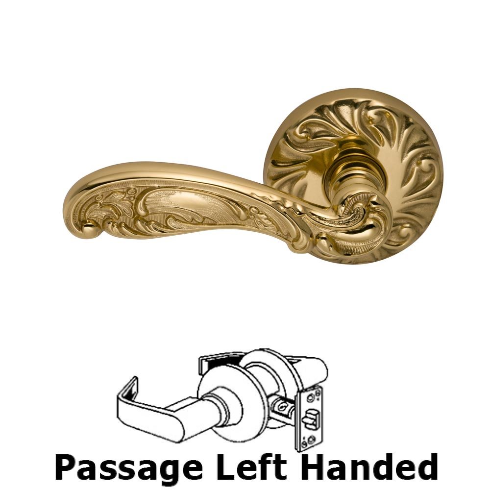 Omnia Hardware Passage Carved Left Handed Lever with Carved Rosette in Polished Brass Lacquered