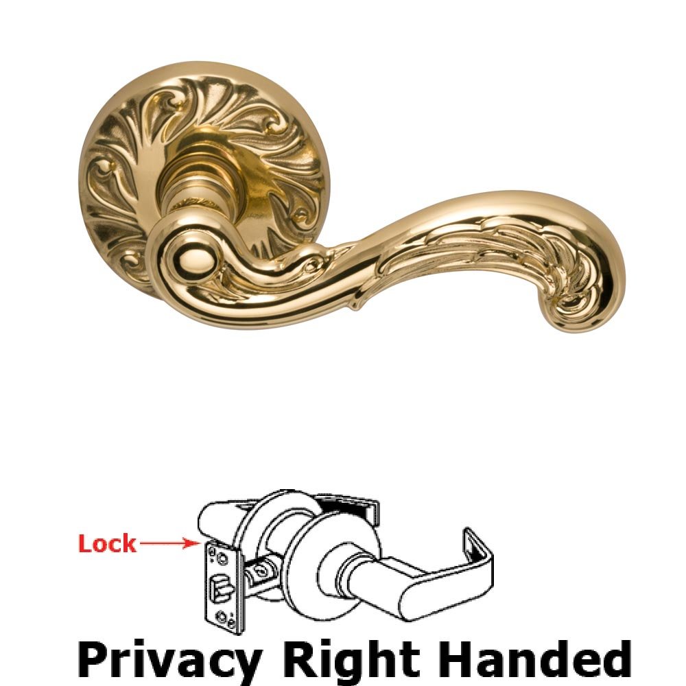 Omnia Hardware Privacy Carved Wave Right Handed Lever with Carved Rosette in Polished Brass Lacquered