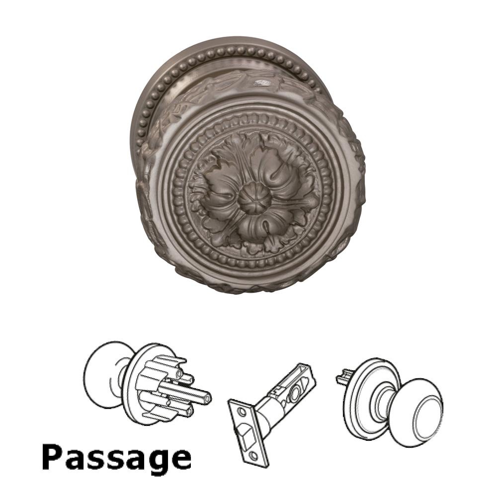 Omnia Hardware Passage Latchset Ornate Floral Edge Knob with Beaded Rosette in Satin Nickel Lacquered