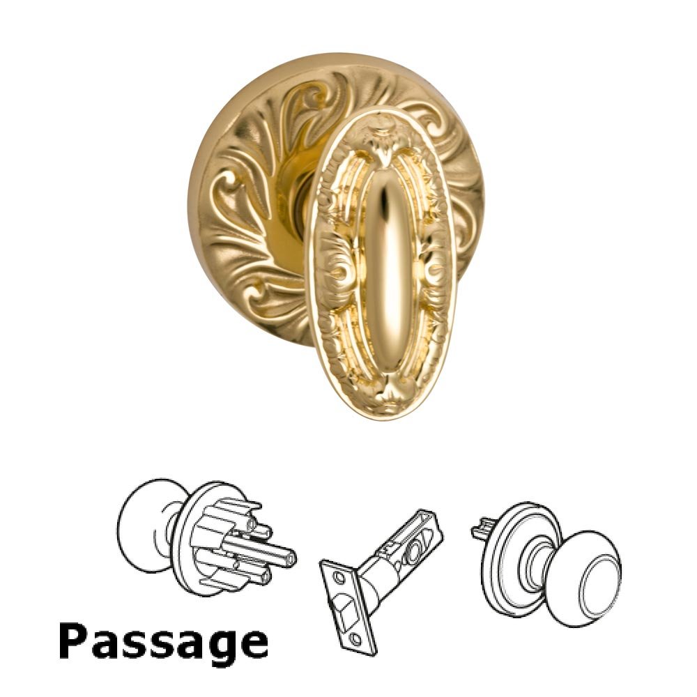 Omnia Hardware Passage Latchset Ornate Carved Oval Knob with Carved Rosette in Polished Brass Lacquered