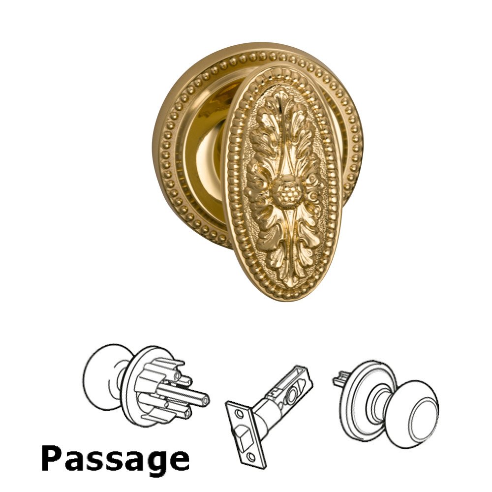 Omnia Hardware Passage Latchset Ornate Oval Knob with Beaded Rosette in Polished Brass Lacquered