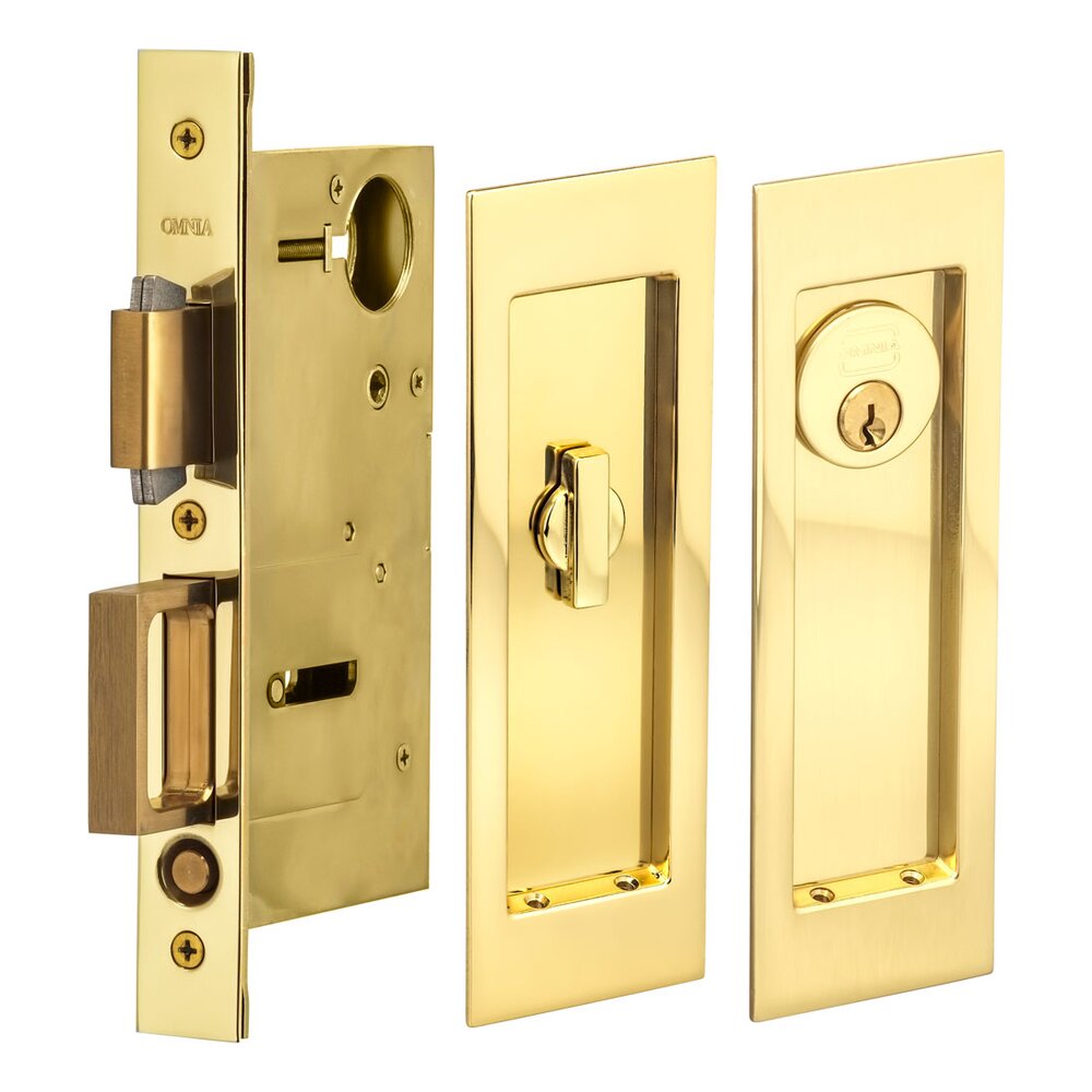 Omnia Hardware Large Modern Rectangular Keyed Pocket Door Mortise Lock in Polished Brass Unlacquered
