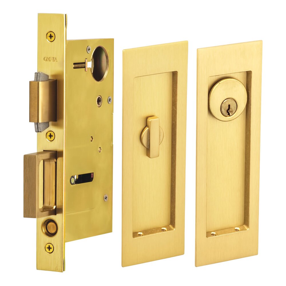 Omnia Hardware Large Modern Rectangular Keyed Pocket Door Mortise Lock in Satin Brass Lacquered