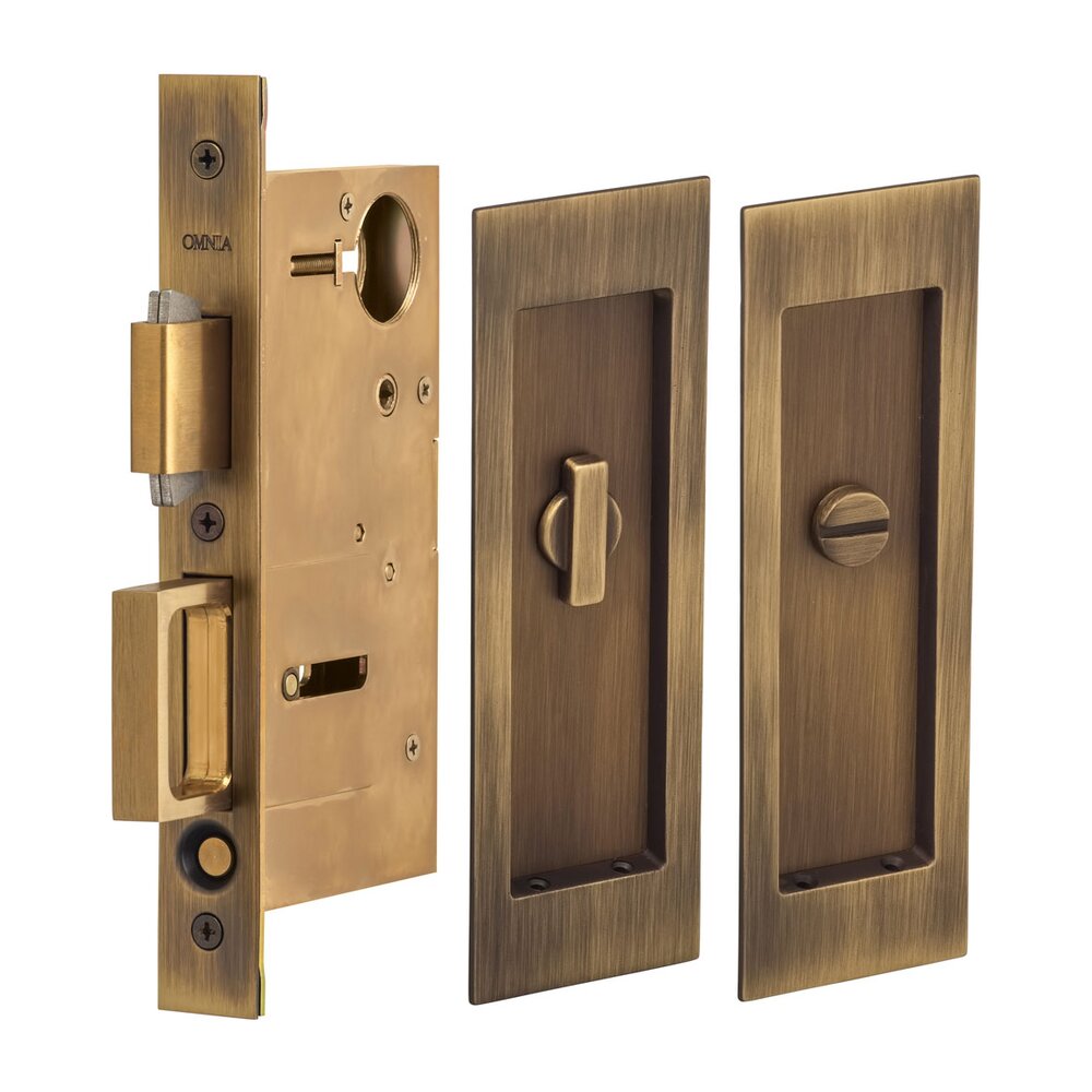 Omnia Hardware Large Modern Rectangle Privacy Pocket Door Mortise Lock in Antique Brass Lacquered