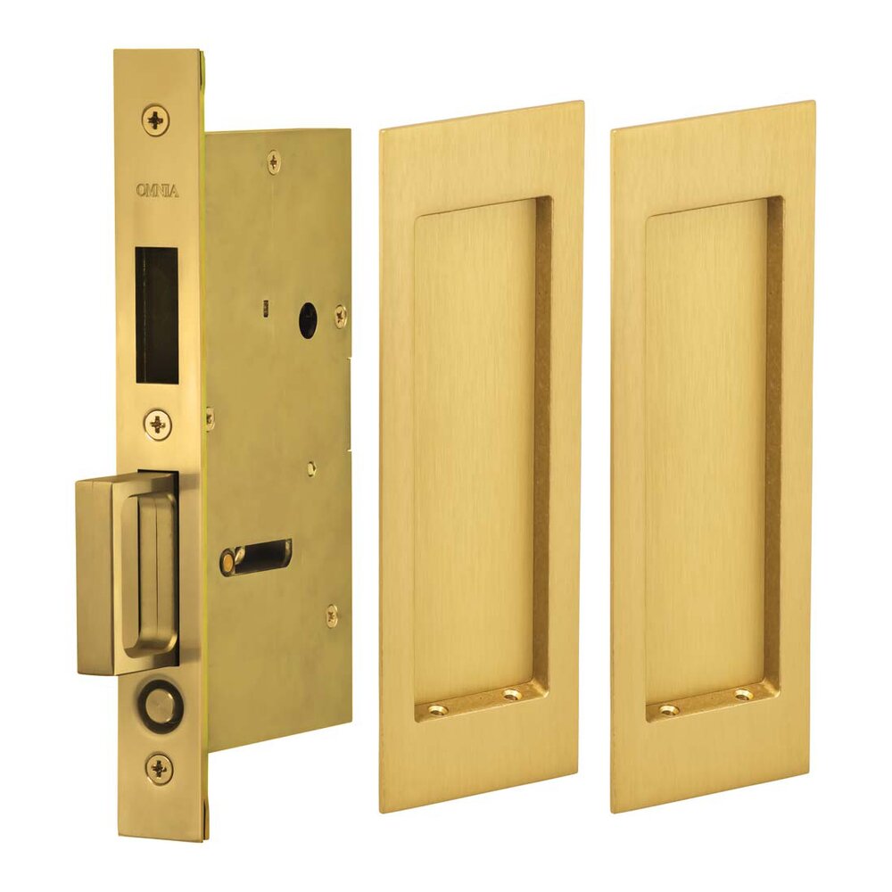 Omnia Hardware Large Modern Rectangle Dummy Pair Pocket Door Mortise Hardware in Satin Brass Lacquered